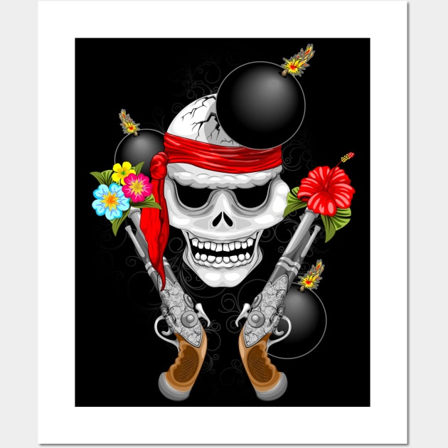 Pirate Skull, Ancient Guns, Flowers and Cannonballs Wall Art by BluedarkArt